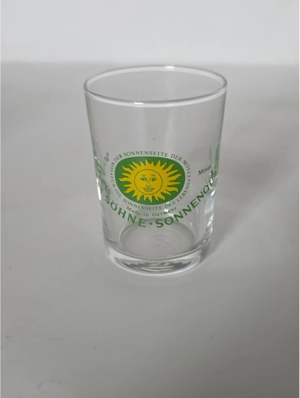 Vintage Schmitt Sohne German Shot Glass Mosel Sun Logo Clear Barware